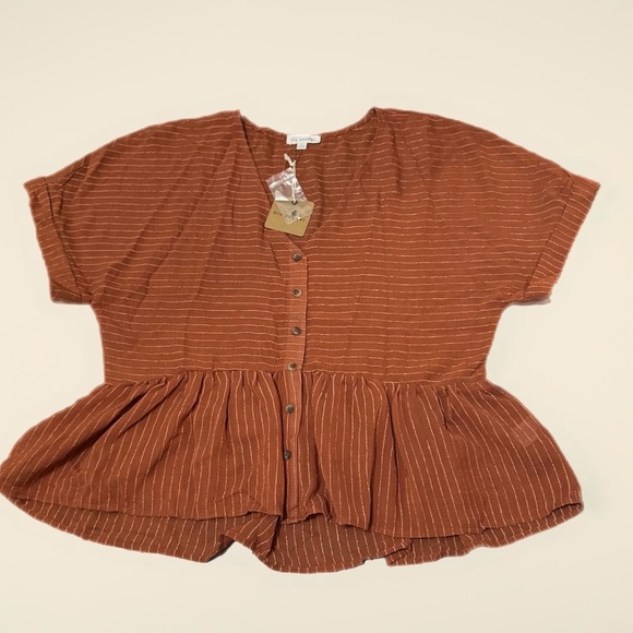 Blu Pepper • Striped Rust Orange Brown Babydoll Button Down Top NWT - Picture 3 of 5